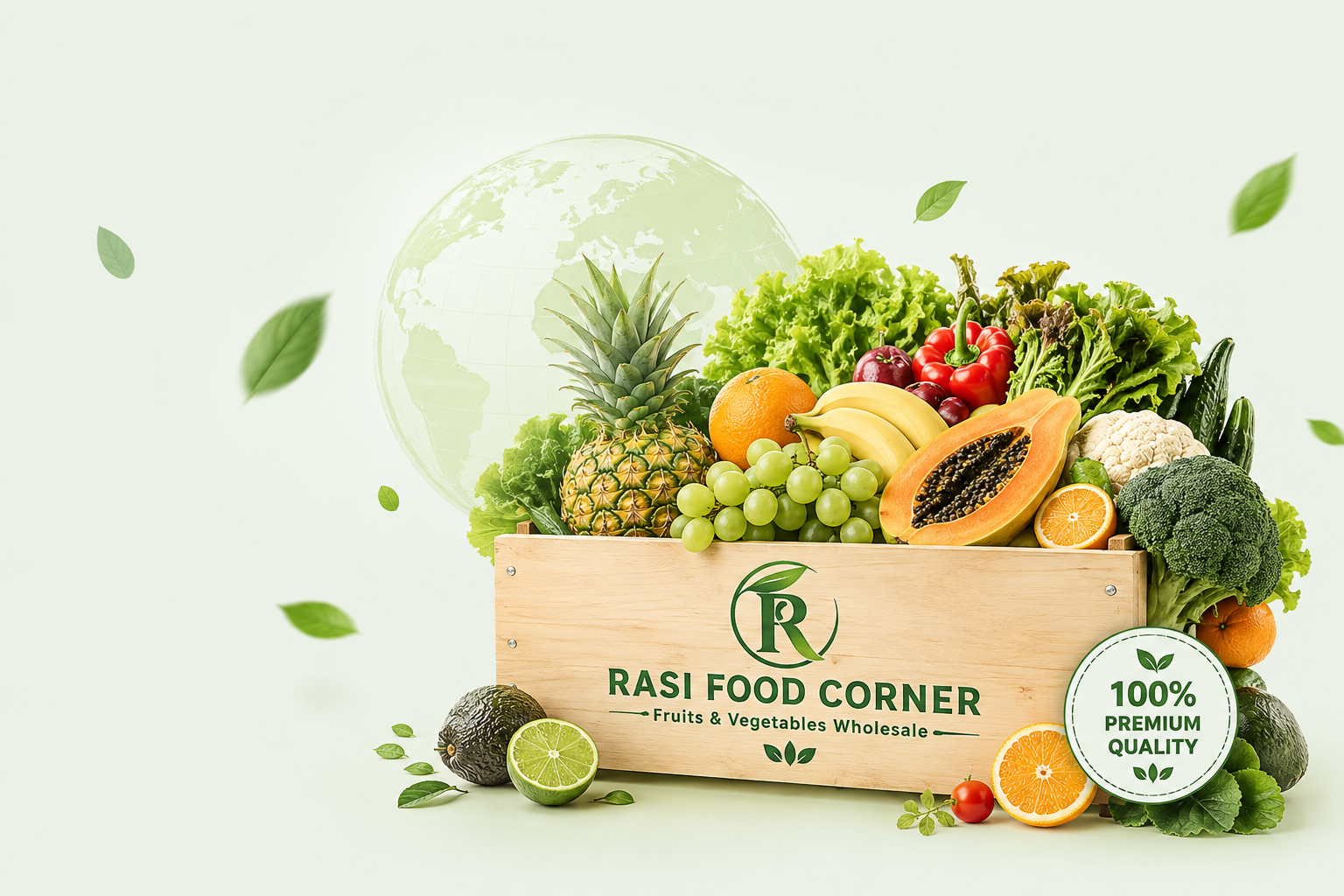 Fresh fruits and vegetables in wooden crate